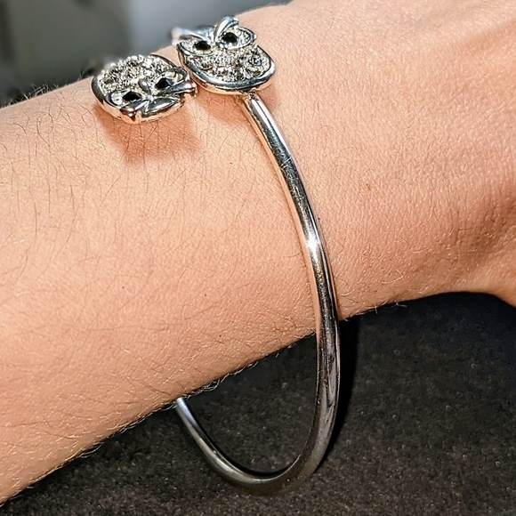 Silver Double Owl Bangle Bracelet - Picture 4 of 7